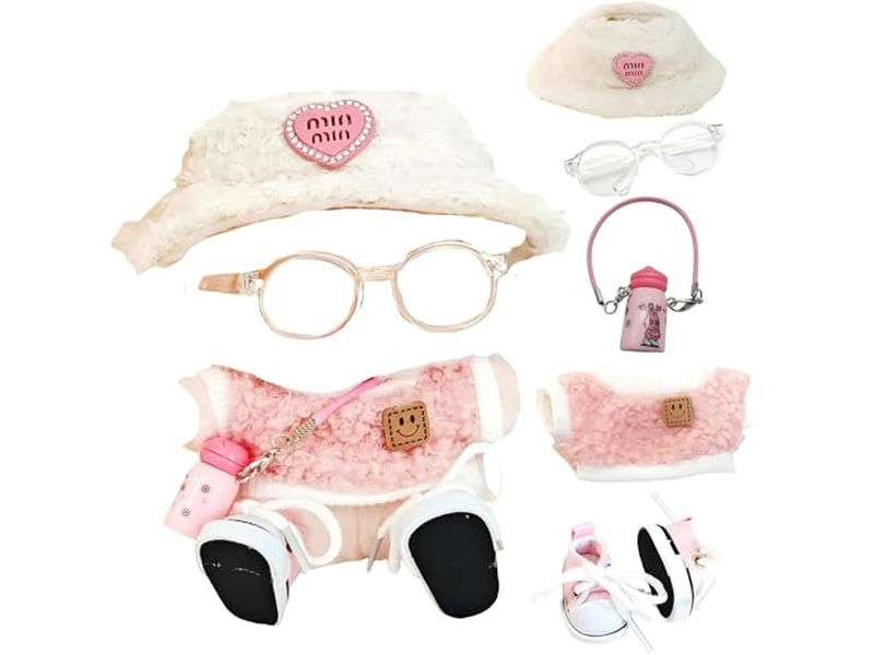 Clothes for labub, 5-Piece 17cm Clothes for labub Set with Accessories – Includes Light Pink Velvet Heart Hat, Mini Camera, Glasses & Canvas Shoes (Doll Not Included)(A)