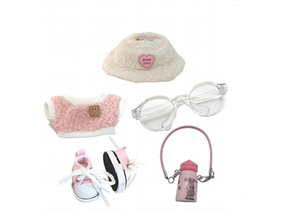 Clothes for labub, 5-Piece 17cm Clothes for labub Set with Accessories – Includes Light Pink Velvet Heart Hat, Mini Camera, Glasses & Canvas Shoes (Doll Not Included)(A)