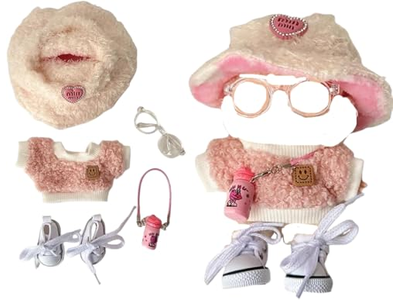 Clothes for labub, 5-Piece 17cm Clothes for labub Set with Accessories – Includes Light Pink Velvet Heart Hat, Mini Camera, Glasses & Canvas Shoes (Doll Not Included)(A)