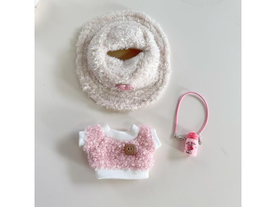 Clothes for labub, 5-Piece 17cm Clothes for labub Set with Accessories – Includes Light Pink Velvet Heart Hat, Mini Camera, Glasses & Canvas Shoes (Doll Not Included)(A)