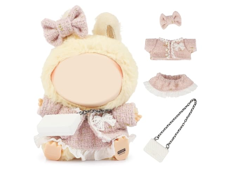 4 Set 15- 17cm Doll Clothes for labubu - Dolls Outfit Accessories for Girl , with Coat + Skirt + Handbag + Bow (No Doll) (Pink)