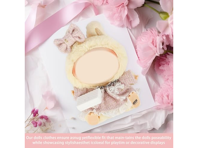 4 Set 15- 17cm Doll Clothes for labubu - Dolls Outfit Accessories for Girl , with Coat + Skirt + Handbag + Bow (No Doll) (Pink)