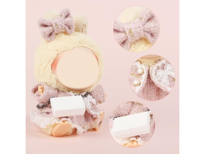 4 Set 15- 17cm Doll Clothes for labubu - Dolls Outfit Accessories for Girl , with Coat + Skirt + Handbag + Bow (No Doll) (Pink)